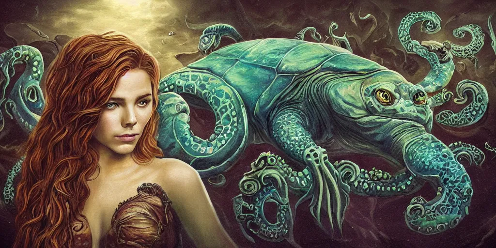 Image similar to Fantasy fairytale style portrait painting, Great Leviathan Turtle, cephalopod, Cthulhu Squid, hybrid, Mythic Island, center Universe, accompany Cory Chase, Blake Lively, Anya_Taylor-Joy, Grace Moretz, Halle Berry, Mystical Valkyrie, Anubis-Reptilian, Atlantean Warrior, hybrid, intense fantasy atmospheric lighting, hyperrealistic, William-Adolphe Bouguereau, François Boucher, Michael Cheval, Oil Painting, Cozy, hot springs hidden Cave, candlelight, natural light, lush plants and flowers, Spectacular Mountains, bright clouds, luminous stellar sky, outer worlds, Jessica Rossier, michael whelan, Solar Flare HD,