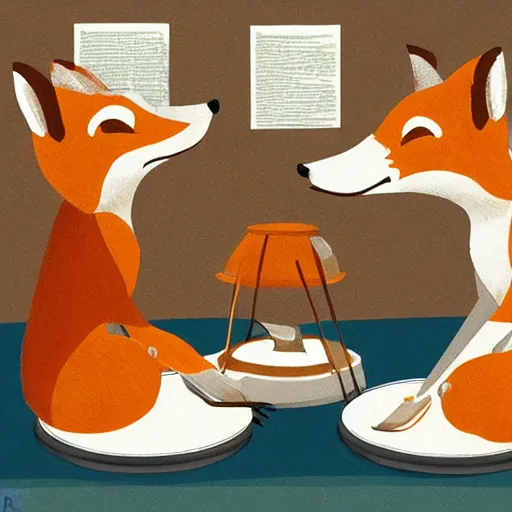 Prompt: foxes judging a cheese contest, artstation, detailed, award winning, digital illustration