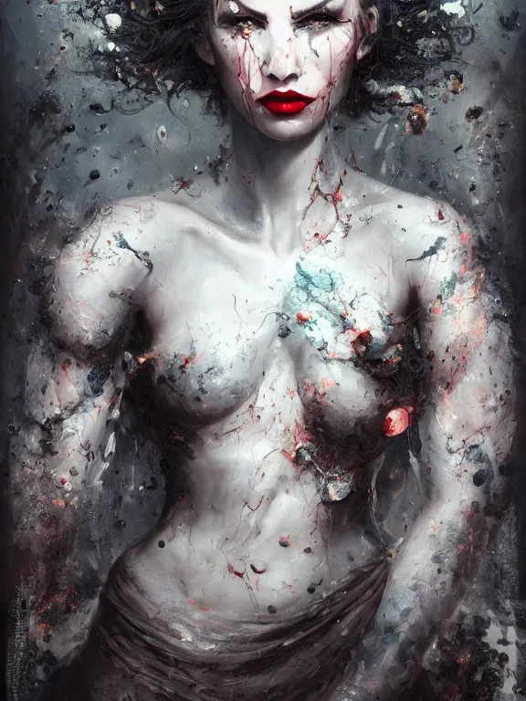 Prompt: a photorealistic splatterpunk portrait of a gorgeous model with shadowy eyes and bonewhite hair, with black glossy lips, hyperrealistic, award - winning, 8 k, in the style of tom bagshaw, cedric peyravernay, peter mohrbacher