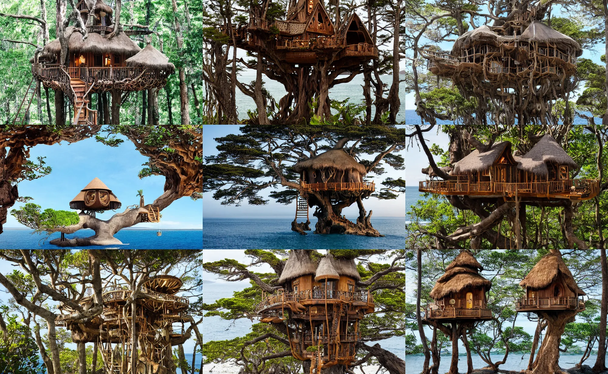 Prompt: leather cut of a mystical island treehouse on the ocean