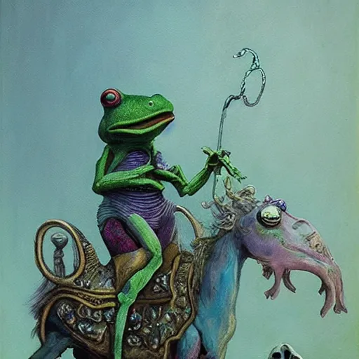 Image similar to muppet frog horseman riding a glowing baroque unicorn skeleton, foggy night, in style of tarot card, painting by beksinski, part by adrian ghenie and neo rauch, in color palette of francis bacon, eerie, mystical, sublime