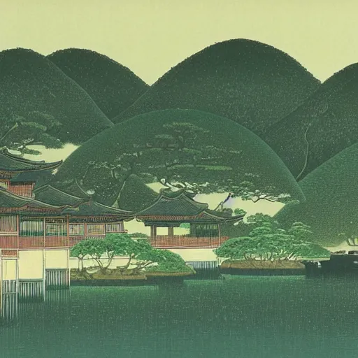 Prompt: a beautiful landscape with tropical islands and pandas on it, Kawase, Hasui