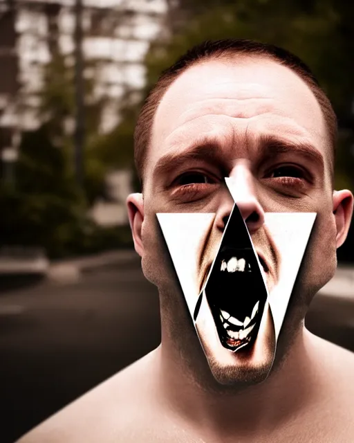 Prompt: scary photo of a man with his mouth in the form of a equilateral triangle, hyperrealism, bokeh, 8k, trending on