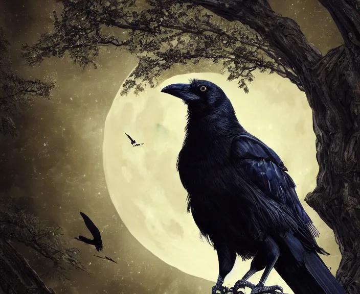 Image similar to a hyper-detailed fantasy wallpaper book cover, close-up portrait of a crow flying above a tree in front of the full big moon; an extraordinary masterpiece!!!; flawless; proud posture; photorealistic eyes; trending on artstation; f/1.4; 90mm