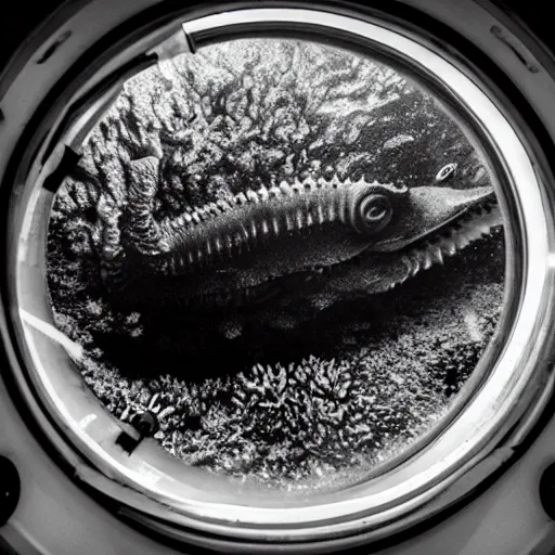 Image similar to a ghost leviathan seen through the porthole of a submarine, dark, underwater,