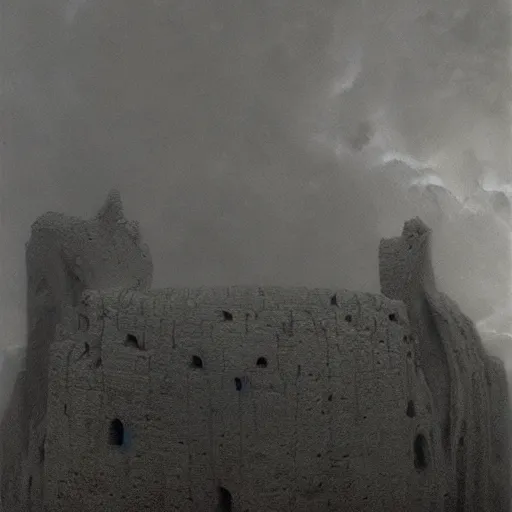 Prompt: an ancient ruined tower atop a crag, moody, ethereal, atmospheric, painting, Zdzisław Beksiński