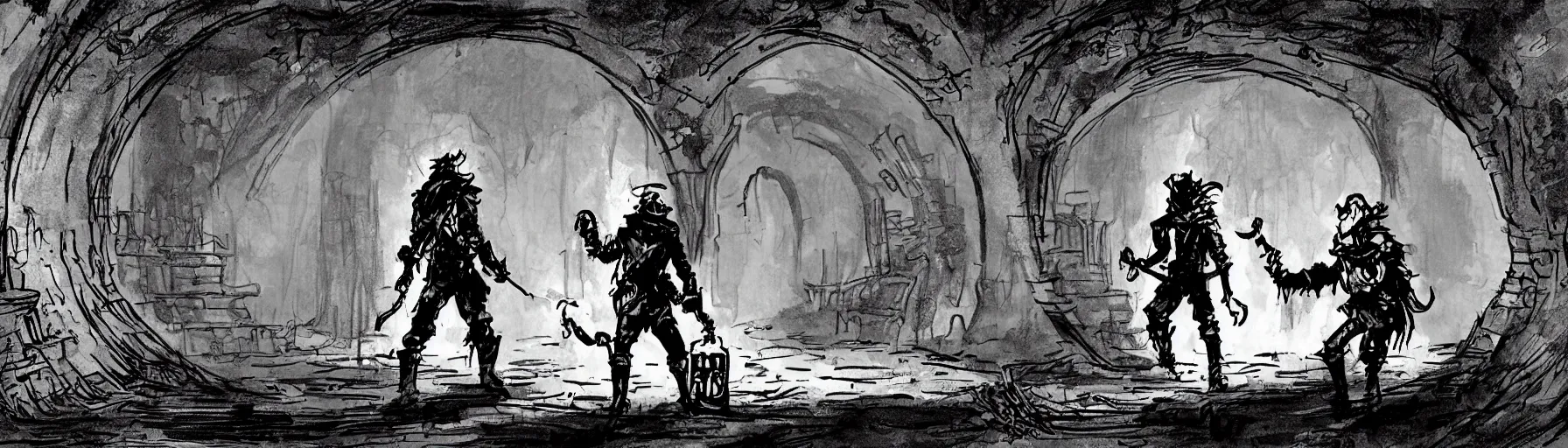 Prompt: an adventurer with a torch stands in a long twisting sewer tunnel. a waist - deep stream with brackish water flows through. fantasy art, underground, crumbling masonry, bleak, sewage falling from grates, abandoned spaces, torchlight. concept sketch for darkest dungeon.