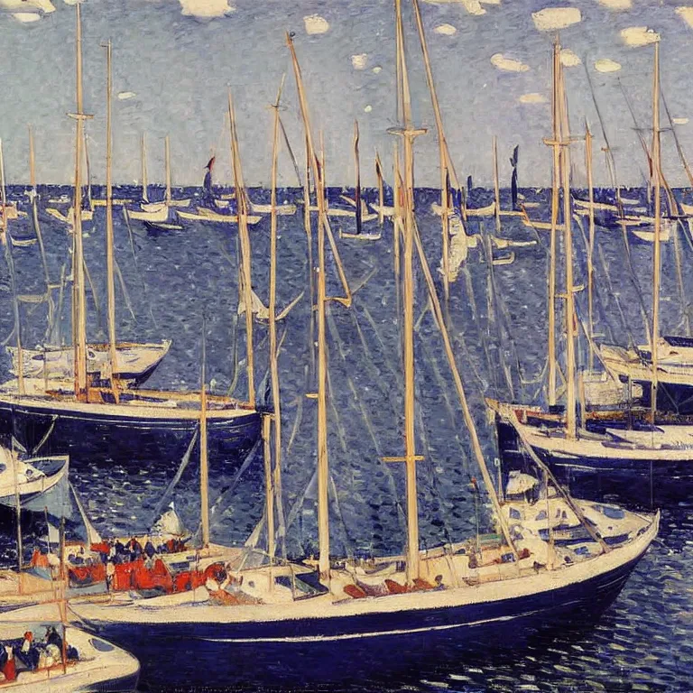 Prompt: a master gouache painting of a group of ships docked at the harbor, group mass composition, very detaied, 8 k, by gustave caillebottet