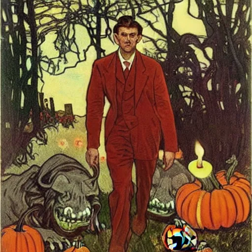 Image similar to painting of arkansas razorbacks at the halloween! party, bubbling cauldron!, candles!, graveyard, gravestones, ghosts, smoke, autumn! colors, elegant, wearing suits!, clothes!, delicate facial features, art by alphonse mucha, vincent van gogh, egon schiele