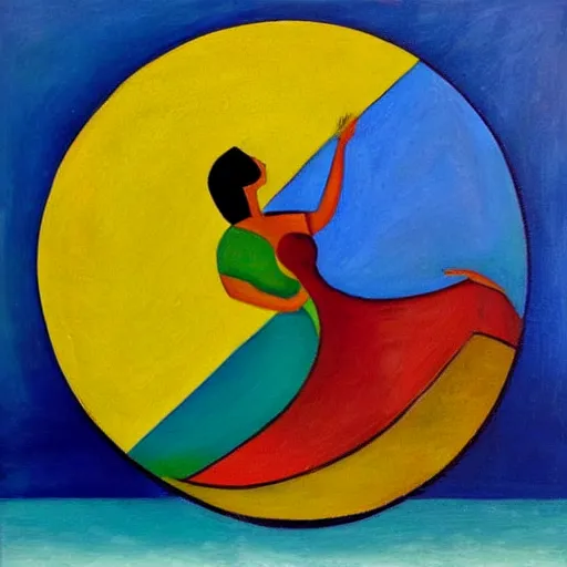 Prompt: woman dancing with a ying yang by the ocean while the waves crash on the seashore, high quality art in the style of cubism and geogia o keefe