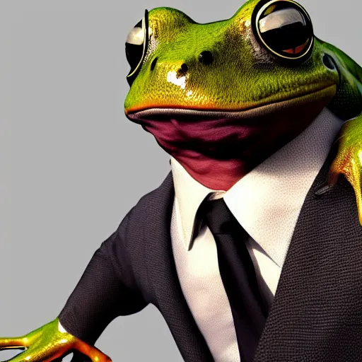 Image similar to a high quality photo of an antropomorphic frog wearing a suit, 3d scene, render, ultra realistic, artstation, cgsociety