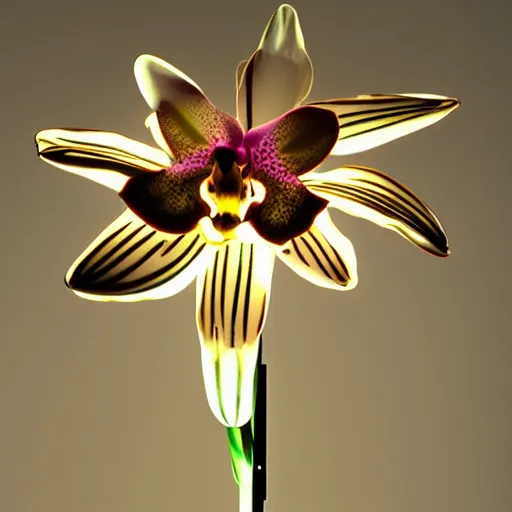 Image similar to an orchid flower, robotic, made of metal, shiny, glowing