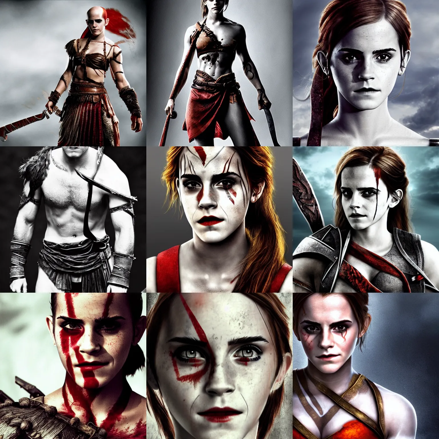 Image similar to Emma Watson as Kratos, brutal, portrait