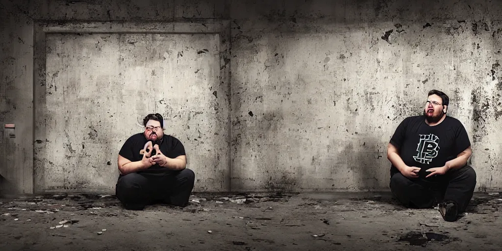 Prompt: typical cryptocurrency nerd, sitting in front of the computer, shilling, dark basement decay, bitcoin poster in background, fat and dirty, scruffy looking, claustrophobia, humidity in walls, award - winning photomanipulation