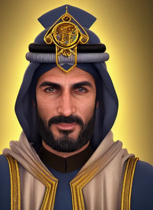 Image similar to portrait of sheikh mohammad ruler of dubai, argonian, head and torso only, cinematic lighting, studio quality, smooth render, unreal engine 5 rendered, octane rendered, art style by klimt and nixeu and ian sprigger and wlop and krenz cushart.