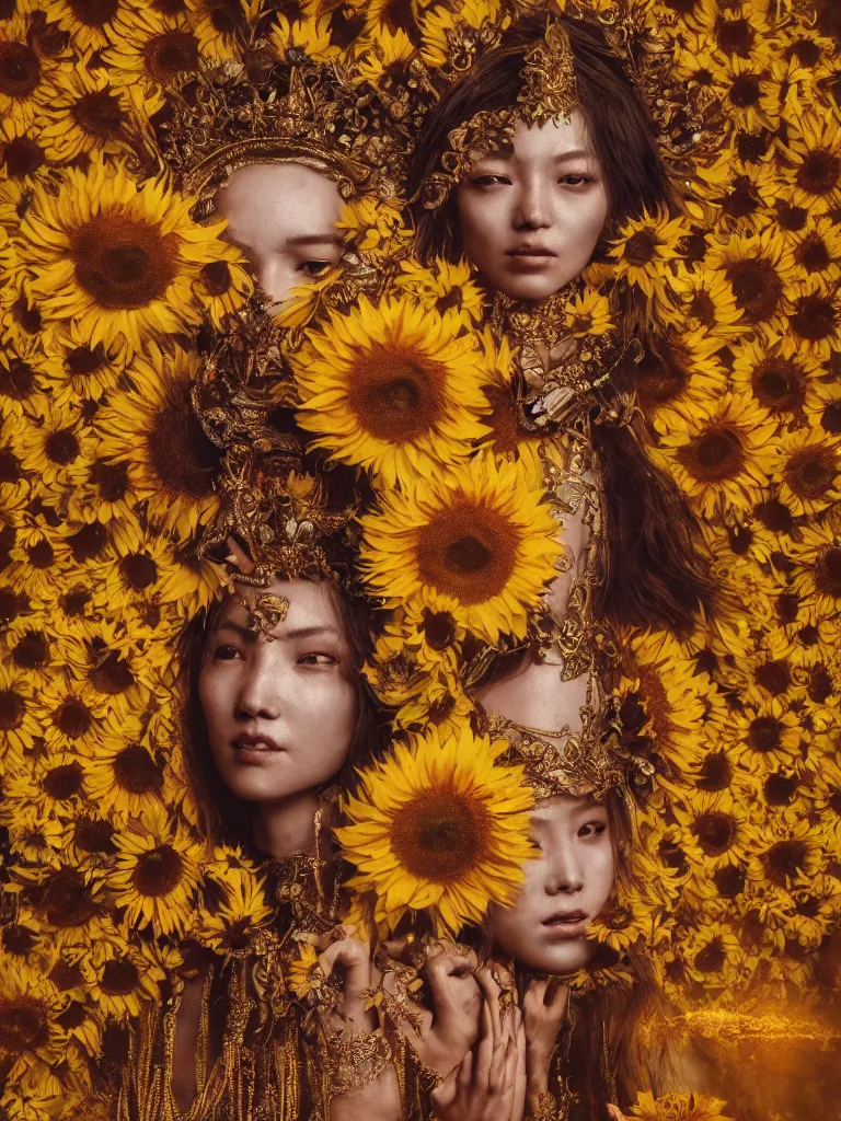 Prompt: a fancy portrait of the goddess of sunflowers, a beautiful mongolian female deity by Greg Rutkowski, Sung Choi, Mitchell Mohrhauser, Maciej Kuciara, Johnson Ting, Maxim Verehin, Peter Konig, Bloodborne, macro lens, 35mm, 8k photorealistic, cinematic lighting, HD, high details, atmospheric