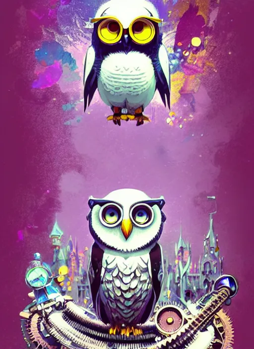 Image similar to anthropomorphic wise wealthy white - owl travels through time via steampunk portals, pixiv fanbox, dramatic lighting, maximalist pastel color palette, splatter paint, pixar and disney exploded - view drawing, graphic novel by fiona staples and dustin nguyen, peter elson, alan bean, wangechi mutu, clean cel shaded vector art, trending on artstation