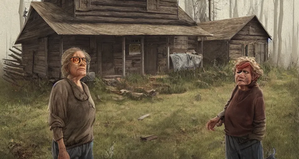 Prompt: single character, ugly old woman with sinister face standing outside old cabin, portrait, dirty clothes, forrest in the background, utopian looking, 80s, moody, hyperrealistic, detailed face, in the style of Simon Stalenhag