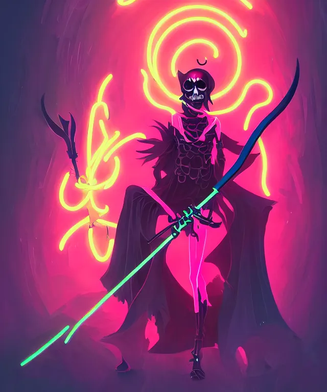 Image similar to a portrait of a neon grimm reaper holding a single scythe, fantasy, elegant, digital painting, artstation, concept art, matte, sharp focus, illustration, art by josan gonzalez