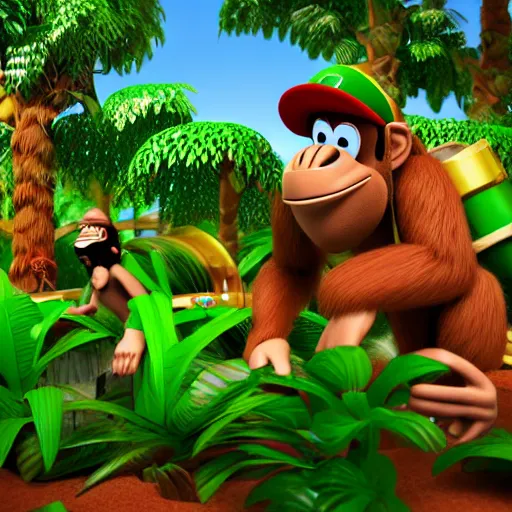 Image similar to Donkey Kong and Diddy Kong surrounded by tropical trees and barrels, 3D render, detailed clay model