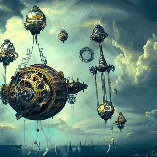 Image similar to flying city in a mechanical flower, sky, fantasy art, steampunk, masterpiece