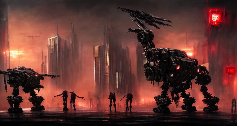 Image similar to bloody - zombie - flesh - battlemech, in a cyberpunk gothic city hyper realistic sci - fi matte concept art painting of dramatic cinematic scene, guns, missiles, explosions, beautiful details, strong composition painted by kim jung guweta studio rutkowski, james gurney and greg rutkowski, and lucasfilm, smooth, intricate, detailed, sharp focus, cinematic