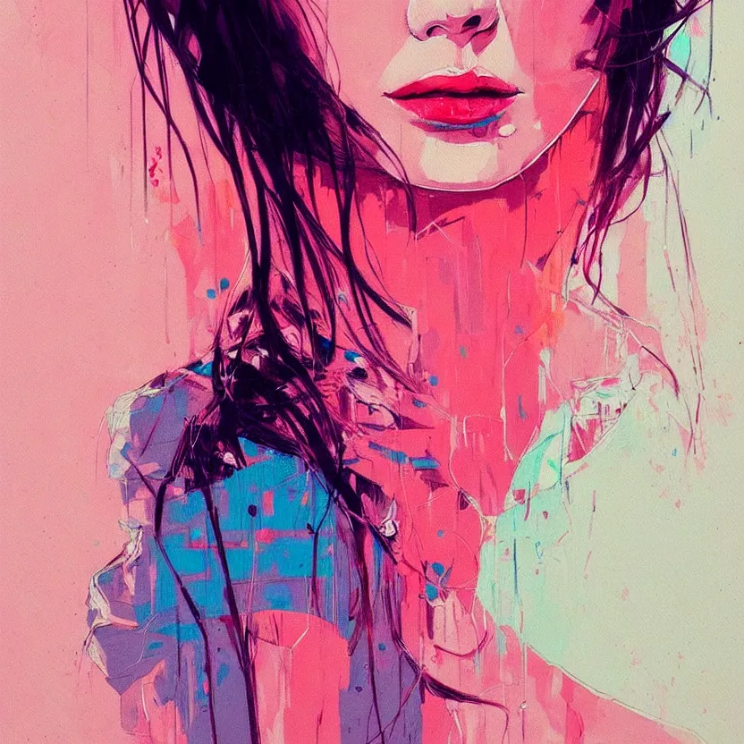 Image similar to close up portrait painting of a female in nineties street styling, concept art, intricate details, aesthetically pleasing pastel colors, art by conrad roset, impressionism, portrait