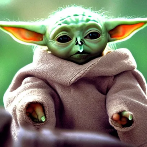 Prompt: A film still of Baby Yoda as a Jedi king realistic,detailed