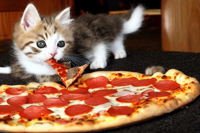 Prompt: kitten eating pizza