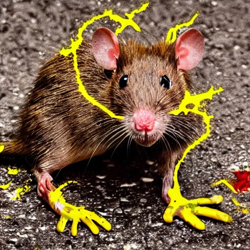 Prompt: angry, drooling, rabies infected rat with glowing red eyes and patchy, diseased skin, dirty yellow teeth splattered with blood. It's about to attack.