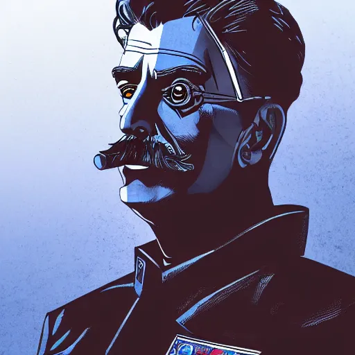 Image similar to cyberpunk joseph stalin as the leader of a futuristic communist society, cybernetics, sharp lines, digital, artstation, colored in