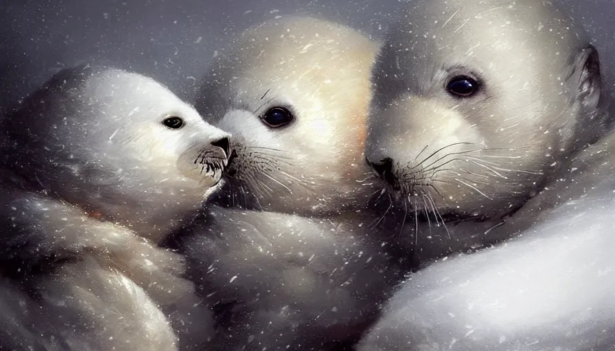 Image similar to highly detailed painting of cute furry white baby seals cuddled up in a cardboard box in a snowy dystopian cyberpunk street by william turner, by greg rutkowski, by artgerm, thick brush strokes and visible paint layers, 4 k resolution, retrowave colour scheme
