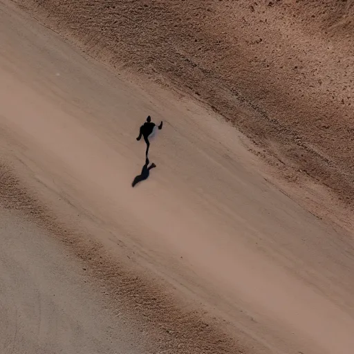 Prompt: satellite view of a man running on an abandoned road in a desert