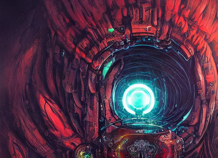 Prompt: a futuristic skull with glowing eyes and a wormhole tunnel cyberpunk art by android jones