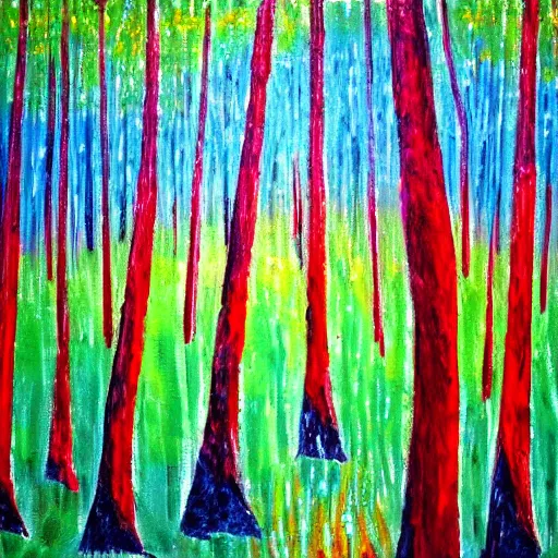 Image similar to paint drip of a forest with green, blue, red tree trunks. acrylic of canvas, impressionist painting