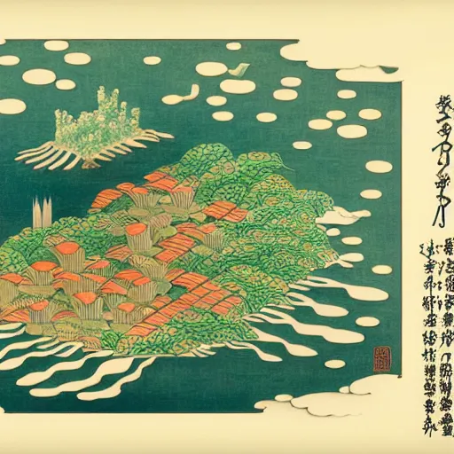 Prompt: 3d isometric botanical illustration of a small city in an island surrounded by water, diego rivera in Ukiyo-e style variation 1, HD, calm