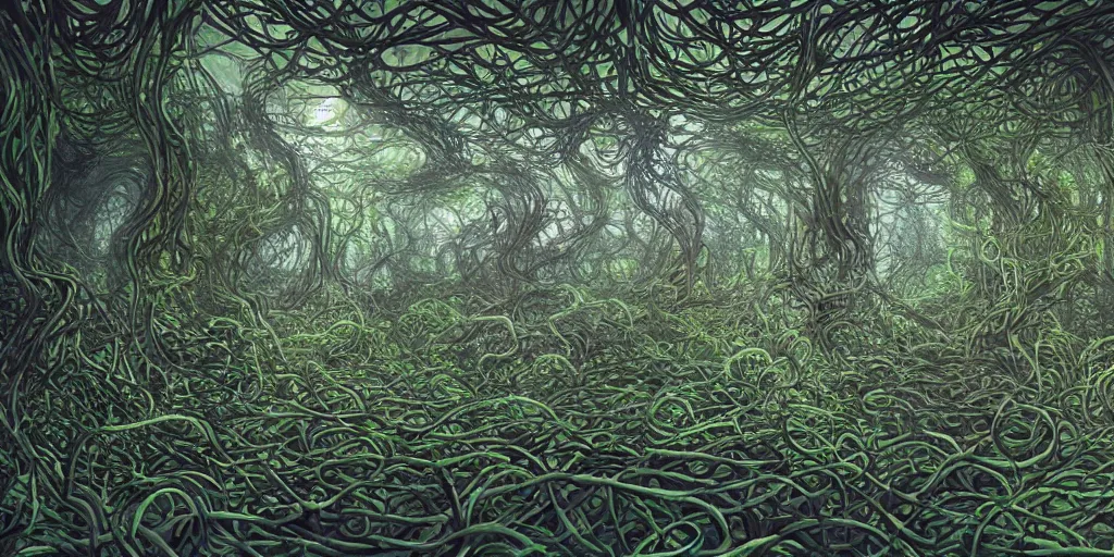 Image similar to the word FLEX made of extremely thick vines intertwined, central composition, high saturation, epic lighting, in the style of Peter gric and Hannah yata 8k