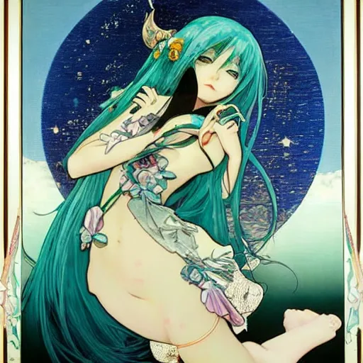 Image similar to Une superbe!! Hatsune Miku, sous la pleine lune,, par Manara et Ryan JiaAlphonse Mucha et Steve McCurry. Très détaillé, peinture à l'huile