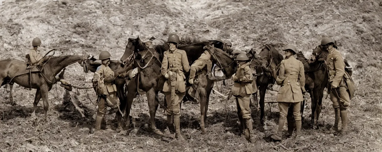 Prompt: soldiers feeding hungry horses spaghetti, world war 1, canon 5 0 mm, kodachrome, in the style of wes anderson, retro