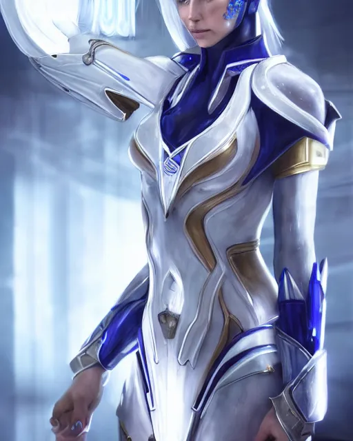 Image similar to perfect white haired attractive egyptian goddess, warframe armor, beautiful, symmetric, dreamy, half asian, pretty face, blue eyes, charlize theron, detailed, scifi platform, laboratory, experiment, 4 k, ultra realistic, epic lighting, android body, illuminated, cinematic, masterpiece, art by akihito tsukushi, voidstar