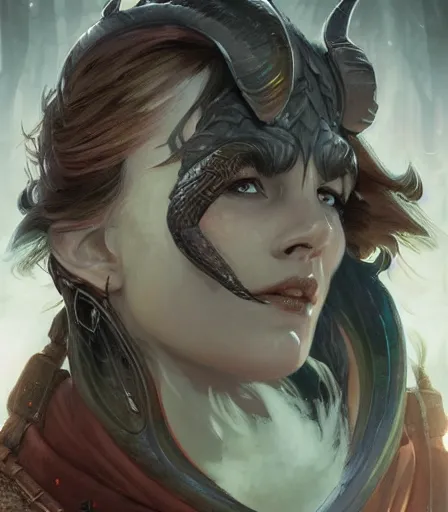 Image similar to Attractive Tiefling Druid, armored, dungeons and dragons portrait, highly detailed, digital painting, artstation, concept art, sharp focus, illustration, art by artgerm and greg rutkowski and alphonse mucha