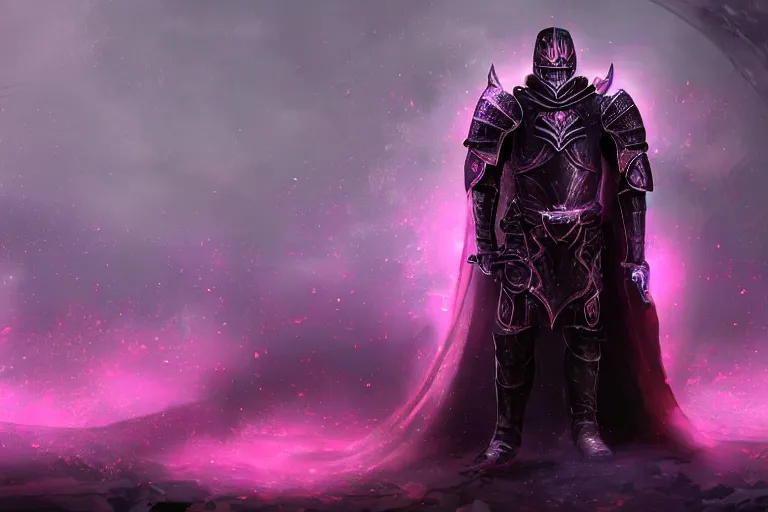 Image similar to masterpiece digital painting of an evil knight, full heavy black obsidian armor, chaotic ruby inlays, cape, by kev walker, atmospheric fog effects background, purple sparkles, artstation, deviantart, full body view, cinematic lights