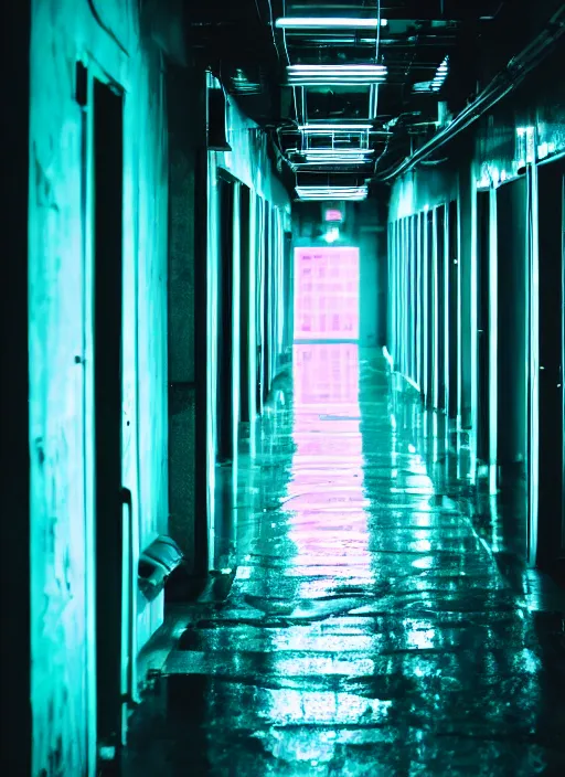 Prompt: a view of a dark corridor with cyberpunk neon lights, depth of field photo by yi insang, unsplash, video art, 8 k wallpaper, cinematic view