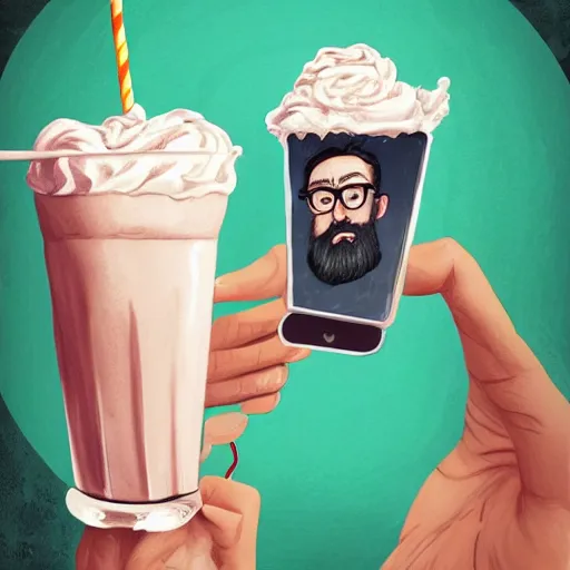 Prompt: hipster wizard in glasses with milkshake and iphone in the hands, fantasy, magic, intricate, elegant, highly detailed, digital painting, concept art, matte, sharp focus, illustration, hearthstone