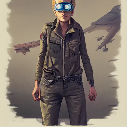 Prompt: tattooed stoic heroic emotionless butch blonde woman aviator with short slicked - back hair, wearing dark - lensed victorian goggles, wearing distressed dirty ripped flight suit, moebius, rough paper, behance hd by jesper ejsing, by rhads, makoto shinkai and lois van baarle, ilya kuvshinov, rossdraws global illumination.