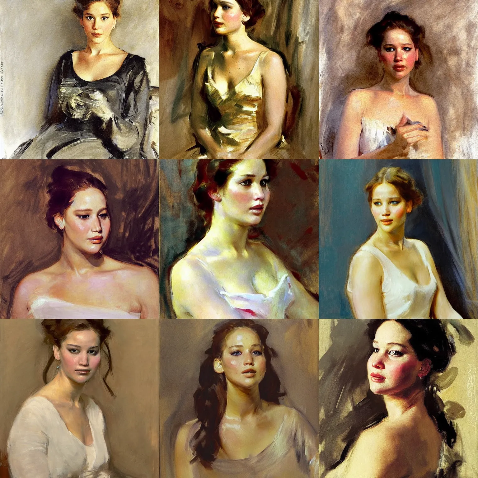 Prompt: portrait of jennifer lawrence by john singer sargent, anders zorn, joaquin sorolla