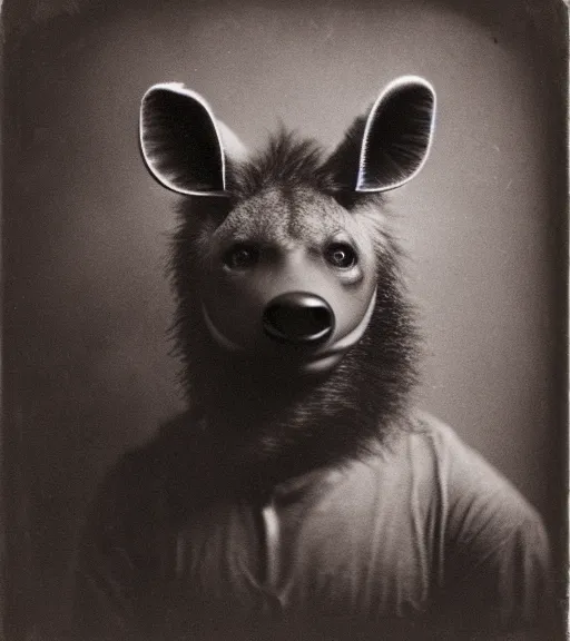 Prompt: professional studio photo portrait of anthro anthropomorphic spotted hyena head animal person fursona wearing casual tshirt clothes by Louis Daguerre daguerreotype tintype