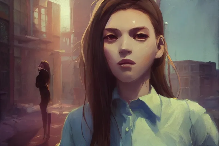 Image similar to digital art of a beautiful girl wearing a shirt standing in front of a ruined apartment complex, arctic composition, sunlit, expressive oil painting, by artgerm, by jeremy lipking, anime style, octane render, bright colors, face!!!! close - up