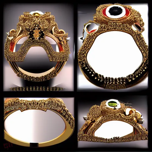 Prompt: complex golden ring with cameo and gems of a vampire mouth with a cyberpunk and gothic style, 8k, details