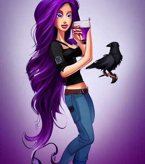 Prompt: thin white girl with long purple hair wearing a black t - shirt with skulls on the shirt and holding a beer, standing next to a raven. full color digital illustration in the style of don bluth, artgerm, artstation trending, 4 k